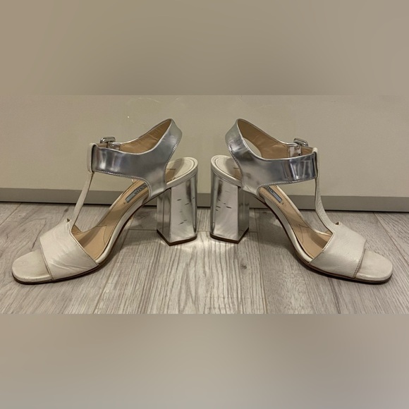 Prada T Strap Block 3.5” Heel White & Silver Leather Sandals US Size 7 EU 37 - Picture 1 of 8